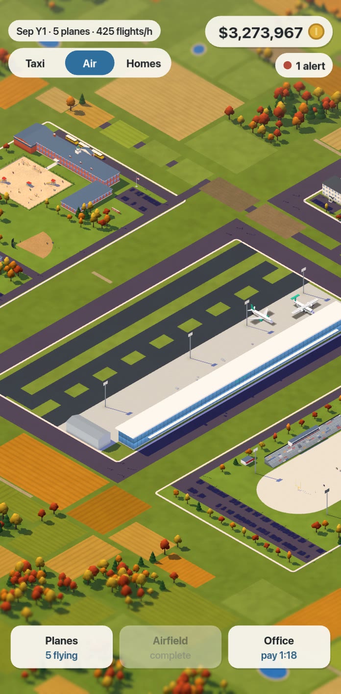 Business Empire gameplay: a junk-hauling fleet, school buses, robotaxis, houses, Downtown's businesses, an airline, a 90-floor tower, a resort, the stadium and the whole city