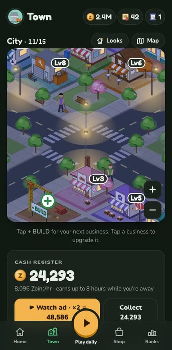 Zoning gameplay: solve a logic puzzle, then build and upgrade your town